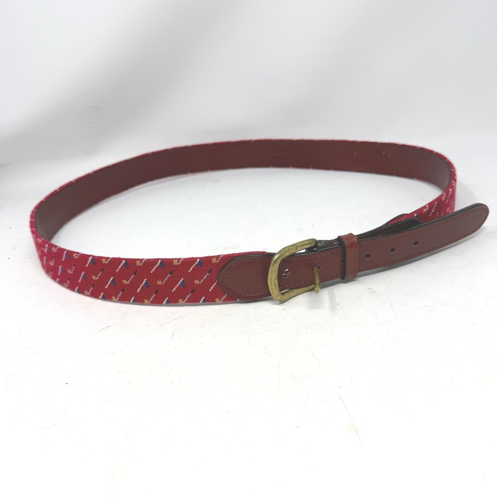 Smathers & Branson Needlepoint Belt Mens 42 Red Excellent Golf Clubs Flags